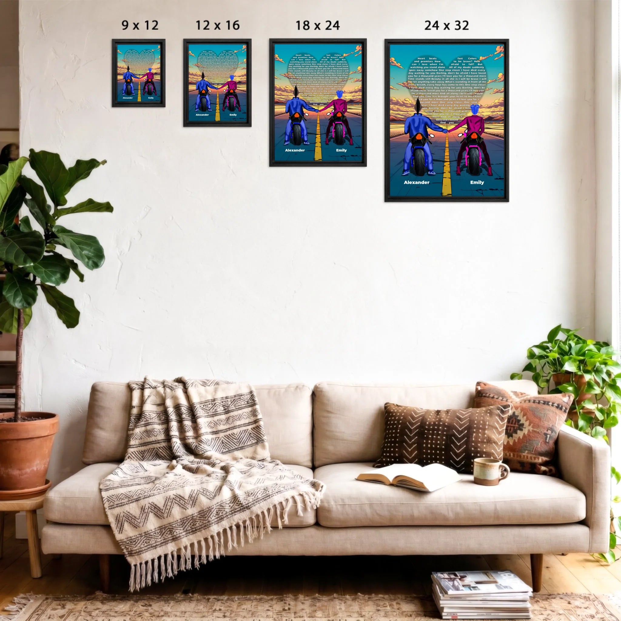 Personalized couple framed canvas of two people holding hands on motorcycles at sunset, with custom lyrics shaped into a heart above the open road and their names displayed at the bottom — LOVECOUPLET