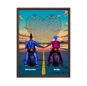Personalized couple framed canvas of two people holding hands on motorcycles at sunset, with custom lyrics shaped into a heart above the open road and their names displayed at the bottom — LOVECOUPLET