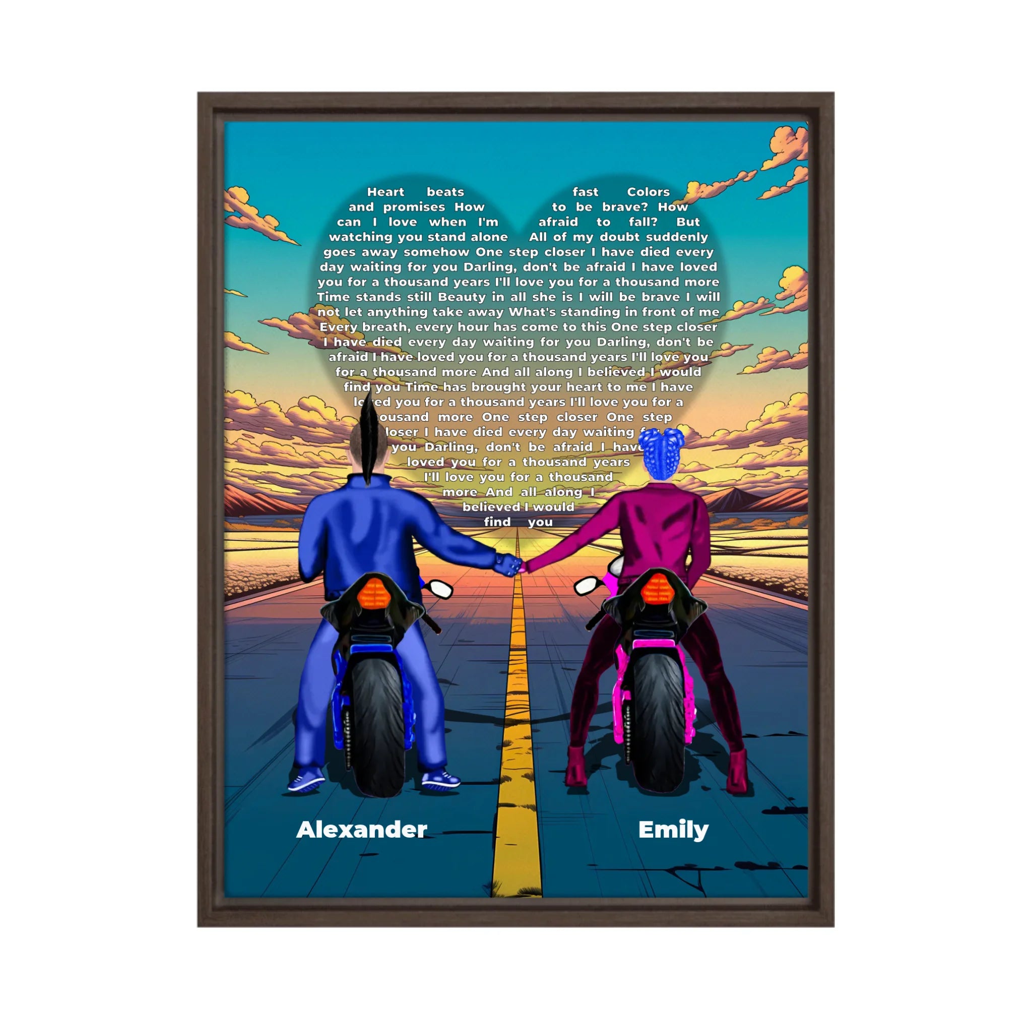 Personalized couple framed canvas of two people holding hands on motorcycles at sunset, with custom lyrics shaped into a heart above the open road and their names displayed at the bottom — LOVECOUPLET