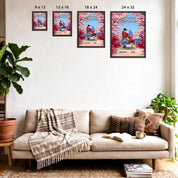 Personalized couple framed canvas of two people sitting together on a bench beneath blooming pink spring flowers, with a custom romantic quote above them and their names displayed at the bottom — LOVECOUPLET