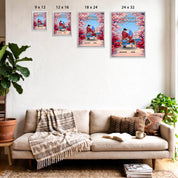 Personalized couple framed canvas of two people sitting together on a bench beneath blooming pink spring flowers, with a custom romantic quote above them and their names displayed at the bottom — LOVECOUPLET