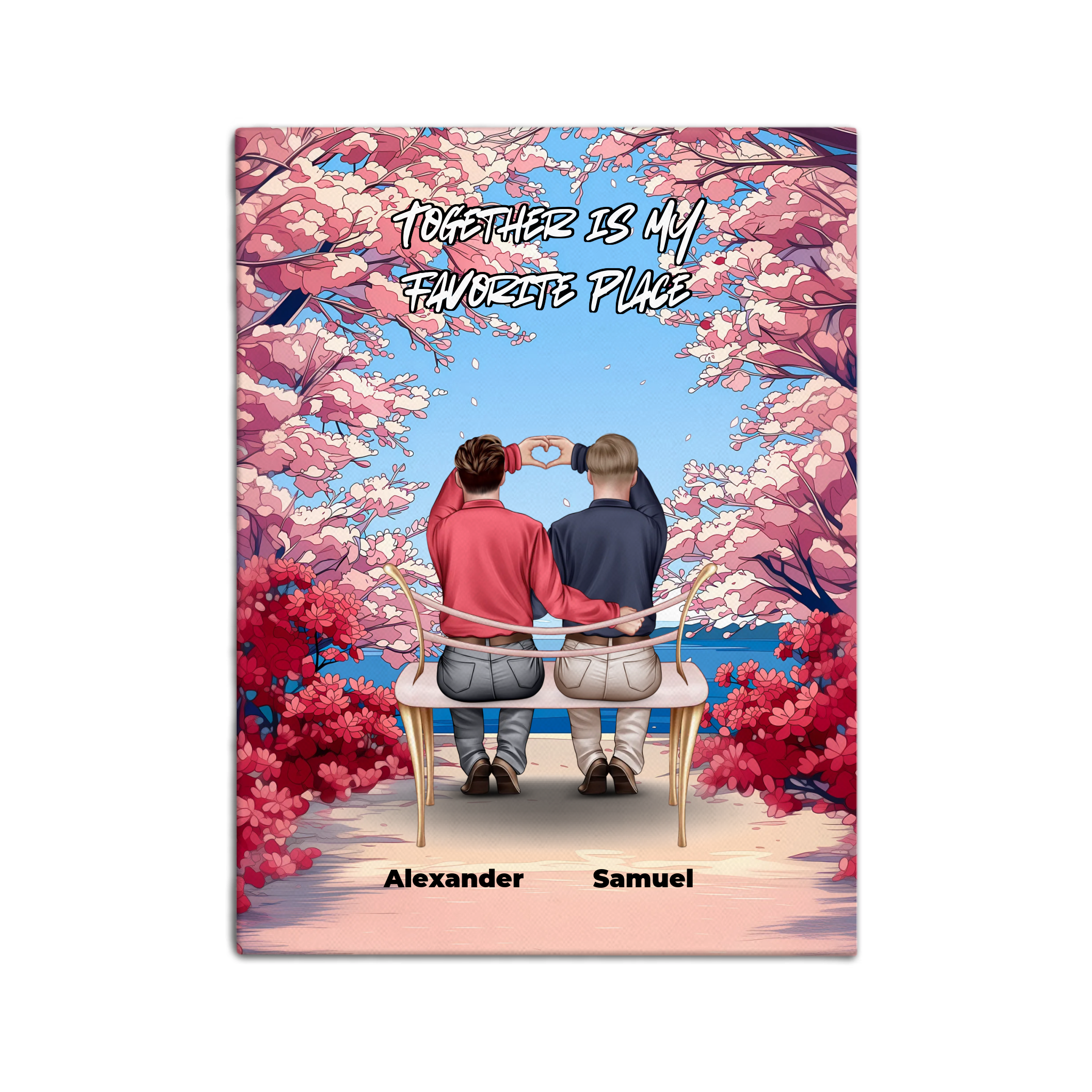 Personalized couple canvas of a gay couple sitting together on a bench beneath blooming pink spring flowers, with a custom romantic quote above them and their names displayed at the bottom — LOVECOUPLET