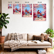 Personalized couple canvas of two people sitting together on a bench beneath blooming pink spring flowers, with a custom romantic quote above them and their names displayed at the bottom — LOVECOUPLET