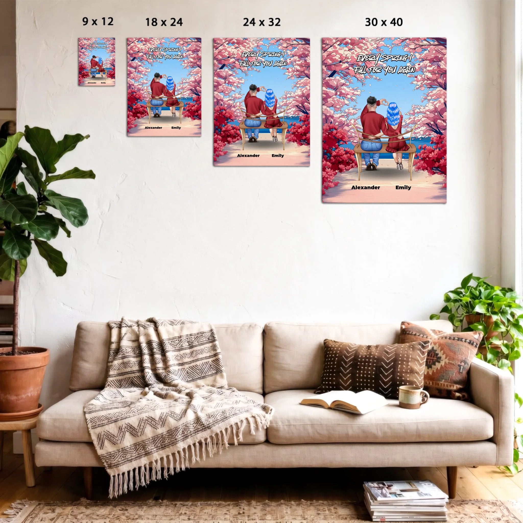 Personalized couple canvas of two people sitting together on a bench beneath blooming pink spring flowers, with a custom romantic quote above them and their names displayed at the bottom — LOVECOUPLET