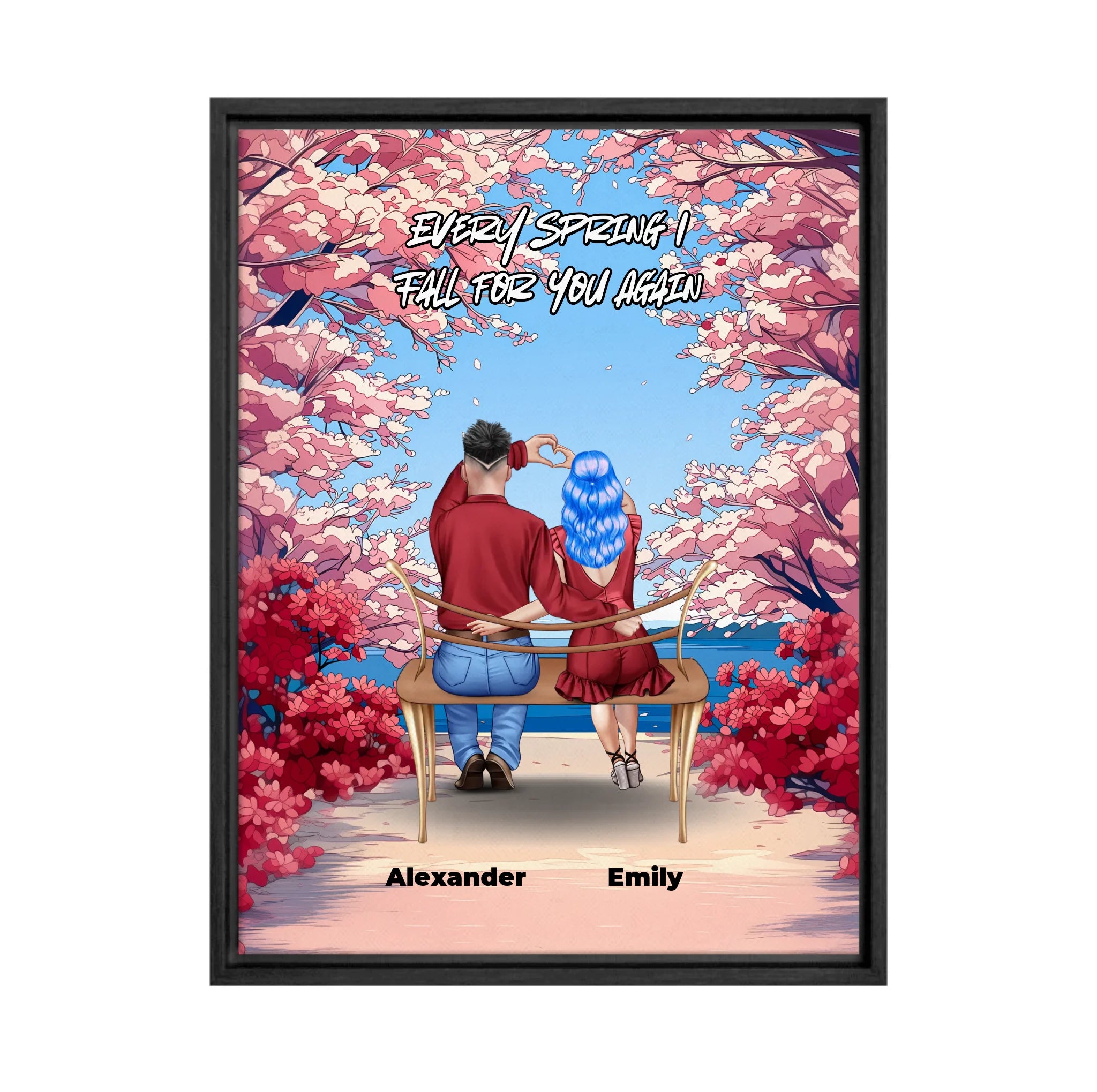 Personalized couple framed canvas of two people sitting together on a bench beneath blooming pink spring flowers, with a custom romantic quote above them and their names displayed at the bottom — LOVECOUPLET