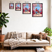 Personalized couple framed canvas of two people sitting together on a bench beneath blooming pink spring flowers, with a custom romantic quote above them and their names displayed at the bottom — LOVECOUPLET