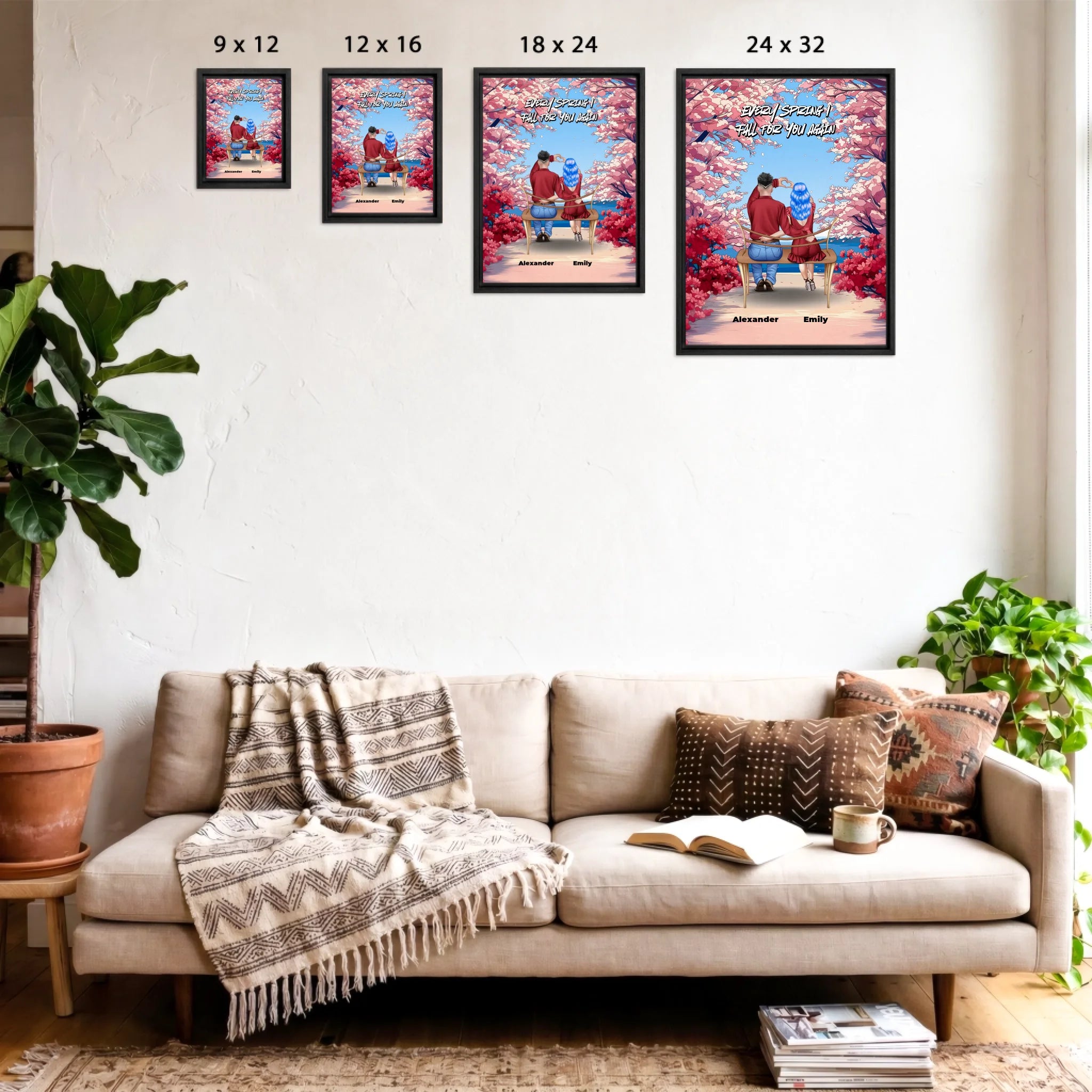 Personalized couple framed canvas of two people sitting together on a bench beneath blooming pink spring flowers, with a custom romantic quote above them and their names displayed at the bottom — LOVECOUPLET
