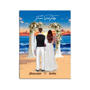 Forever Starts Today personalized wedding couple canvas of two people standing beneath a floral beach ceremony arch at sunset, with a custom quote above them and their names displayed at the bottom — LOVECOUPLET