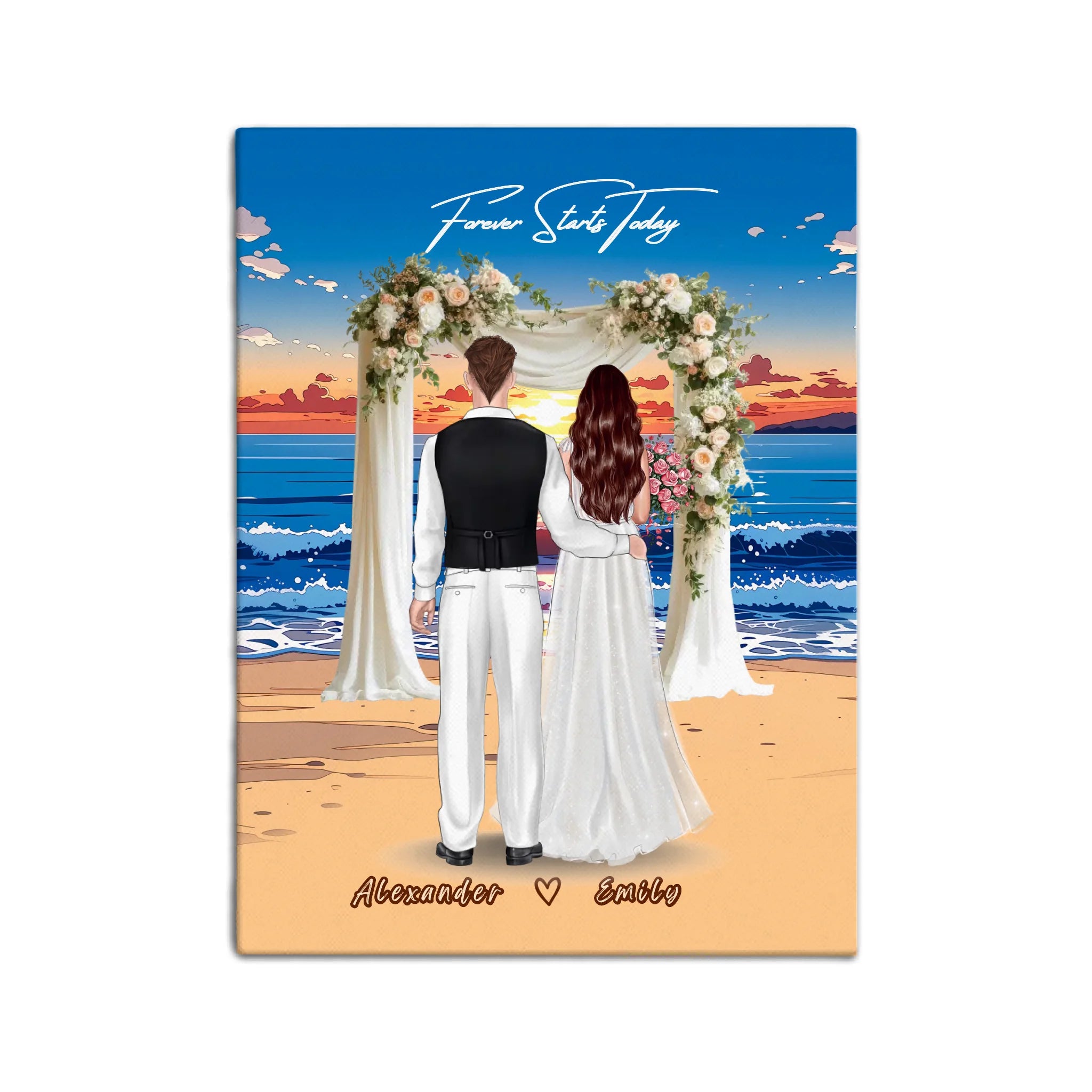 Forever Starts Today personalized wedding couple canvas of two people standing beneath a floral beach ceremony arch at sunset, with a custom quote above them and their names displayed at the bottom — LOVECOUPLET