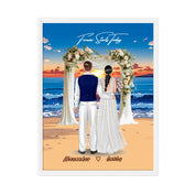 Forever Starts Today personalized wedding couple framed canvas of two people standing beneath a floral beach ceremony arch at sunset, with a custom quote above them and their names displayed at the bottom — LOVECOUPLET