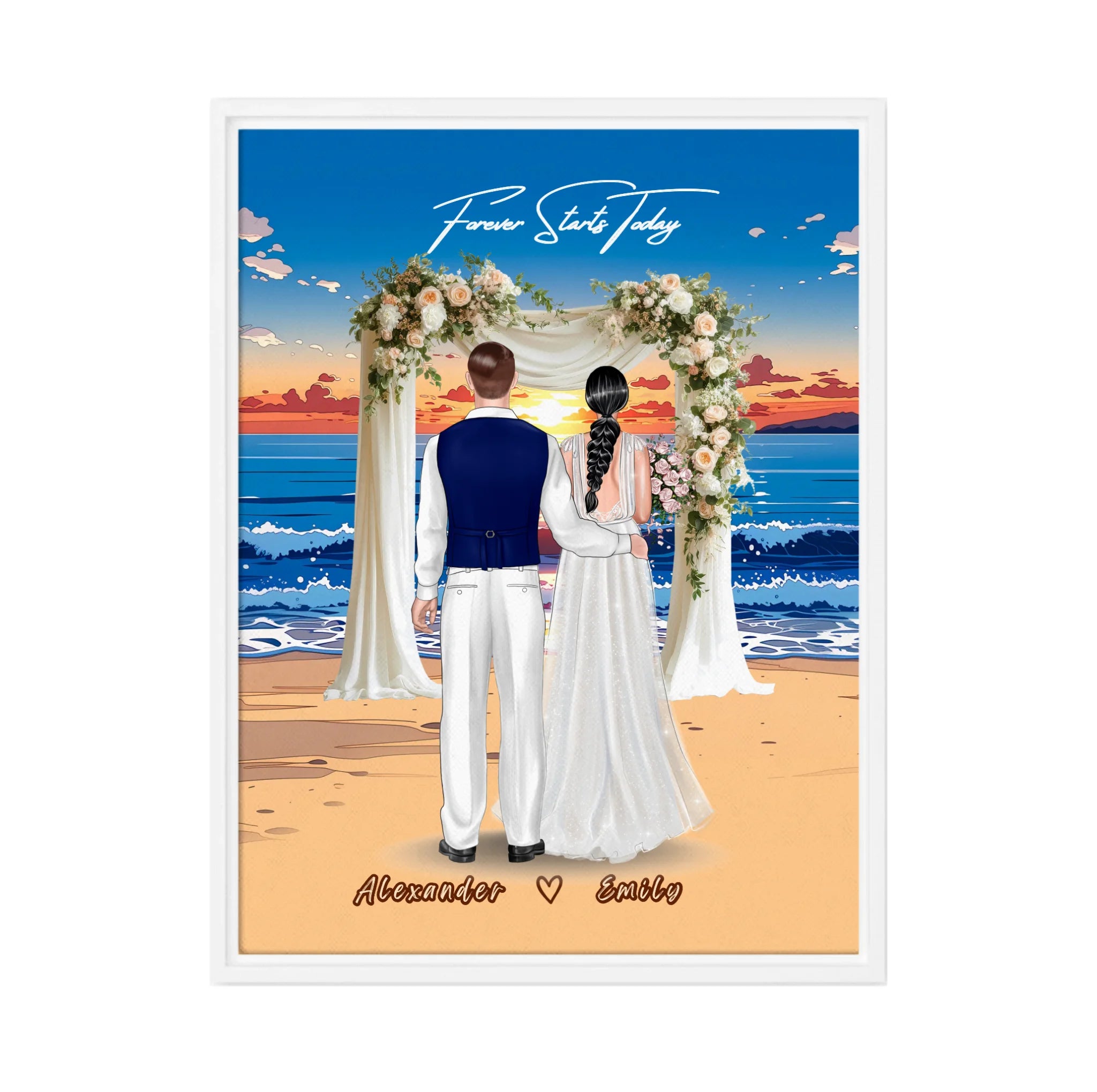 Forever Starts Today personalized wedding couple framed canvas of two people standing beneath a floral beach ceremony arch at sunset, with a custom quote above them and their names displayed at the bottom — LOVECOUPLET