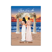 Forever Starts Today personalized wedding lesbian couple canvas of two people standing beneath a floral beach ceremony arch at sunset, with a custom quote above them and their names displayed at the bottom — LOVECOUPLET