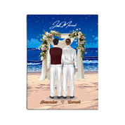 Forever Starts Today personalized wedding gay couple canvas of two people standing beneath a floral beach ceremony arch at sunset, with a custom quote above them and their names displayed at the bottom — LOVECOUPLET