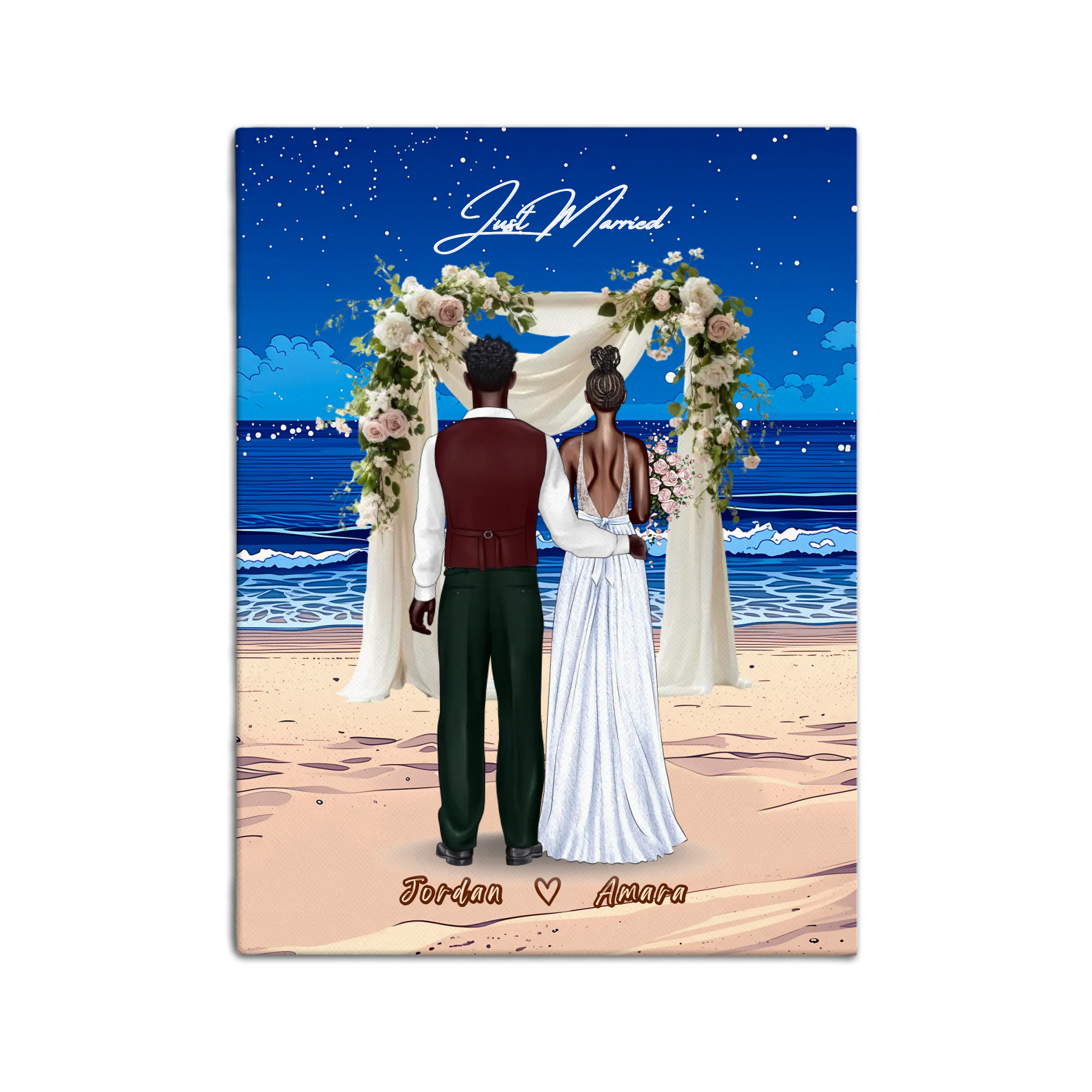Forever Starts Today personalized wedding couple canvas of two people standing beneath a floral beach ceremony arch at sunset, with a custom quote above them and their names displayed at the bottom — LOVECOUPLET