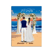 Forever Starts Today personalized wedding couple canvas of two people standing beneath a floral beach ceremony arch at sunset, with a custom quote above them and their names displayed at the bottom — LOVECOUPLET