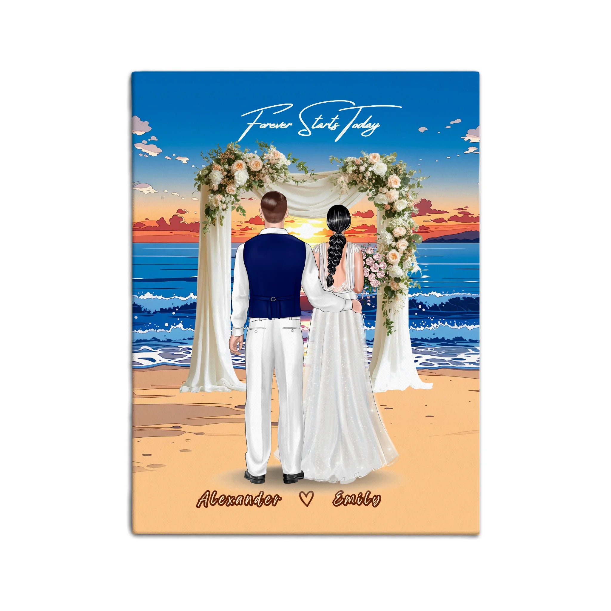 Forever Starts Today personalized wedding couple canvas of two people standing beneath a floral beach ceremony arch at sunset, with a custom quote above them and their names displayed at the bottom — LOVECOUPLET
