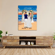 Forever Starts Today personalized wedding couple canvas of two people standing beneath a floral beach ceremony arch at sunset, with a custom quote above them and their names displayed at the bottom — LOVECOUPLET