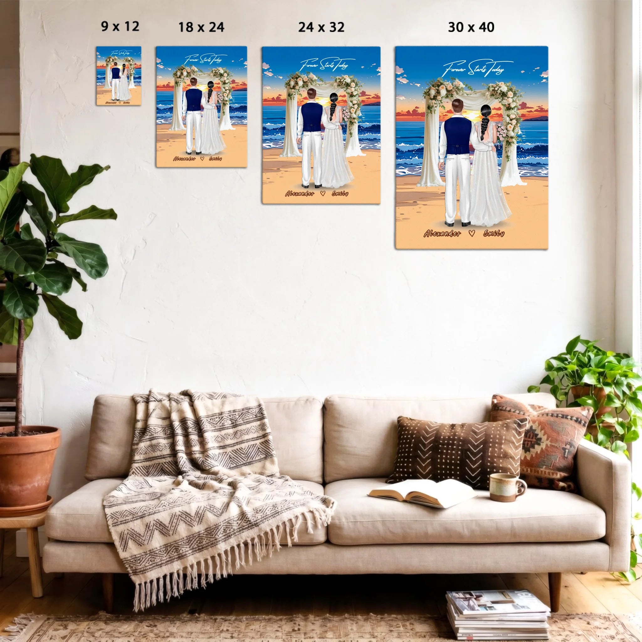 Forever Starts Today personalized wedding couple canvas of two people standing beneath a floral beach ceremony arch at sunset, with a custom quote above them and their names displayed at the bottom — LOVECOUPLET