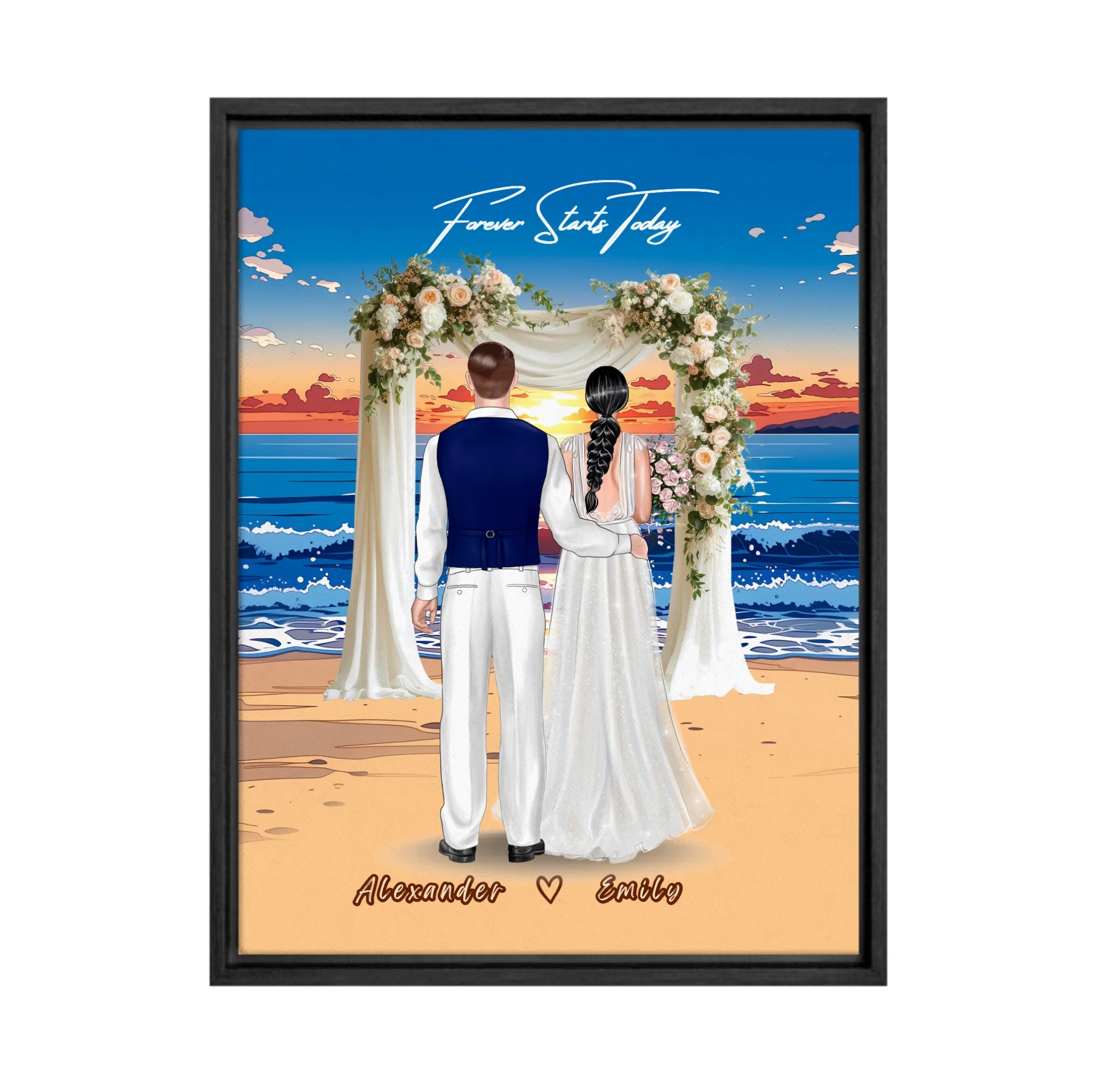 Forever Starts Today personalized wedding couple framed canvas of two people standing beneath a floral beach ceremony arch at sunset, with a custom quote above them and their names displayed at the bottom — LOVECOUPLET