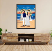 Forever Starts Today personalized wedding couple framed canvas of two people standing beneath a floral beach ceremony arch at sunset, with a custom quote above them and their names displayed at the bottom — LOVECOUPLET