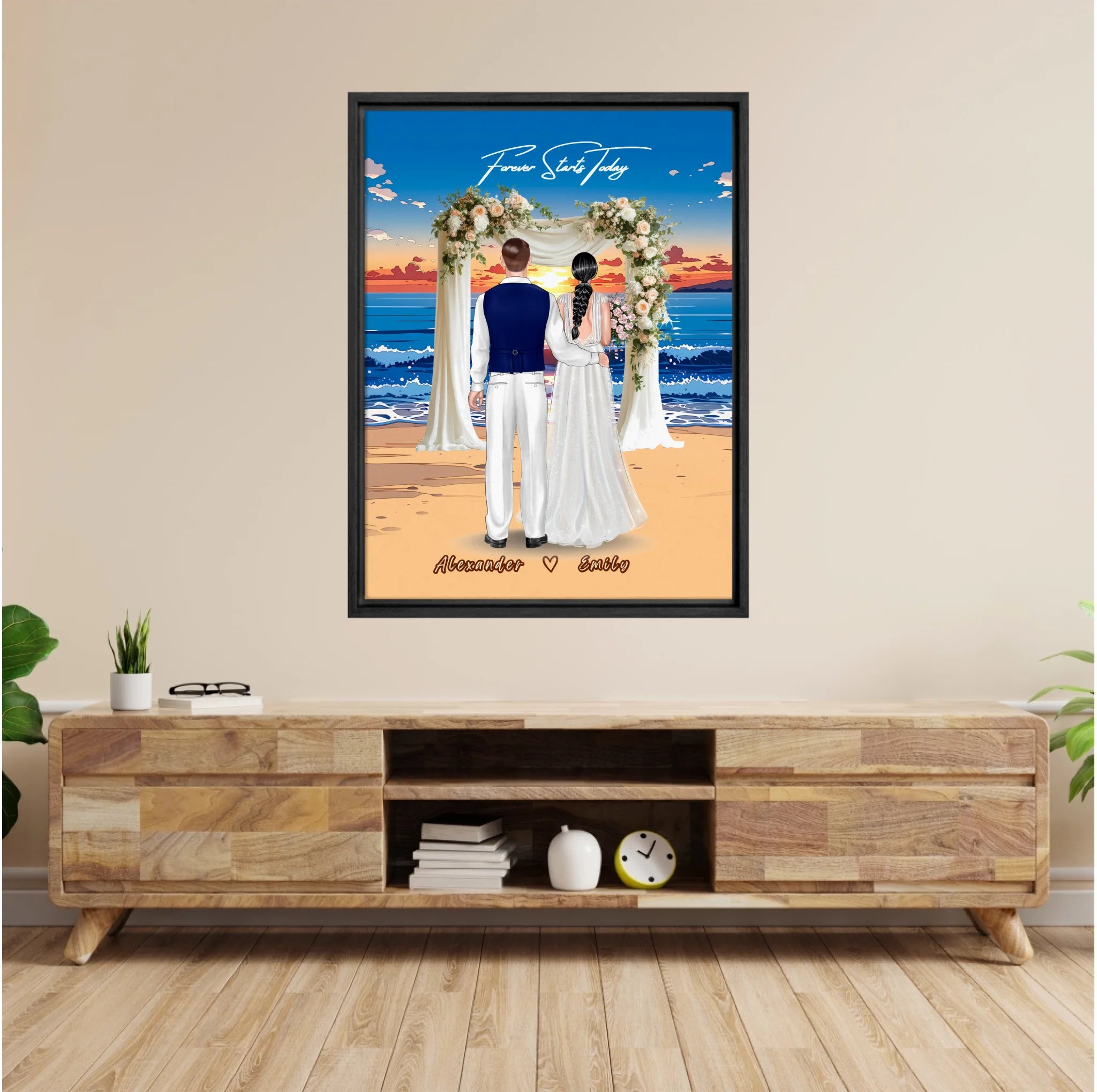 Forever Starts Today personalized wedding couple framed canvas of two people standing beneath a floral beach ceremony arch at sunset, with a custom quote above them and their names displayed at the bottom — LOVECOUPLET
