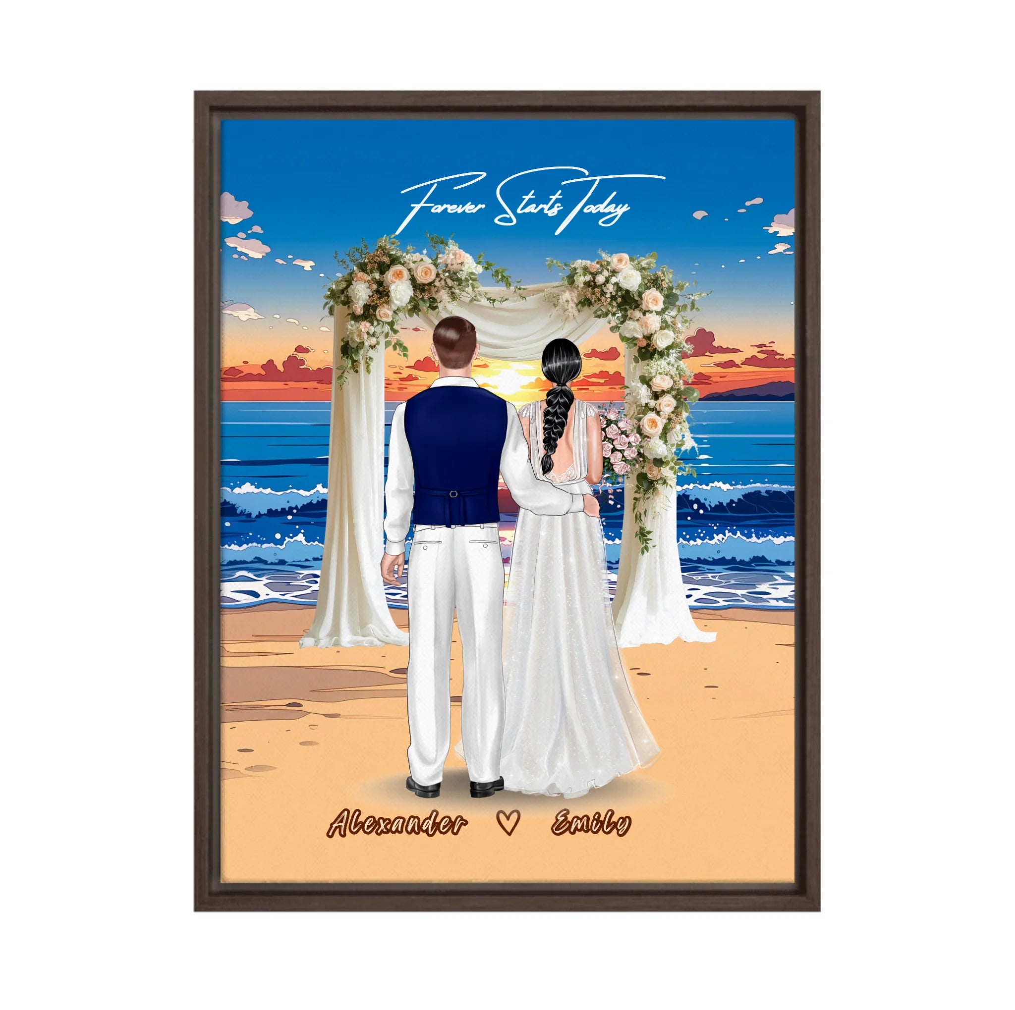 Forever Starts Today personalized wedding couple framed canvas of two people standing beneath a floral beach ceremony arch at sunset, with a custom quote above them and their names displayed at the bottom — LOVECOUPLET