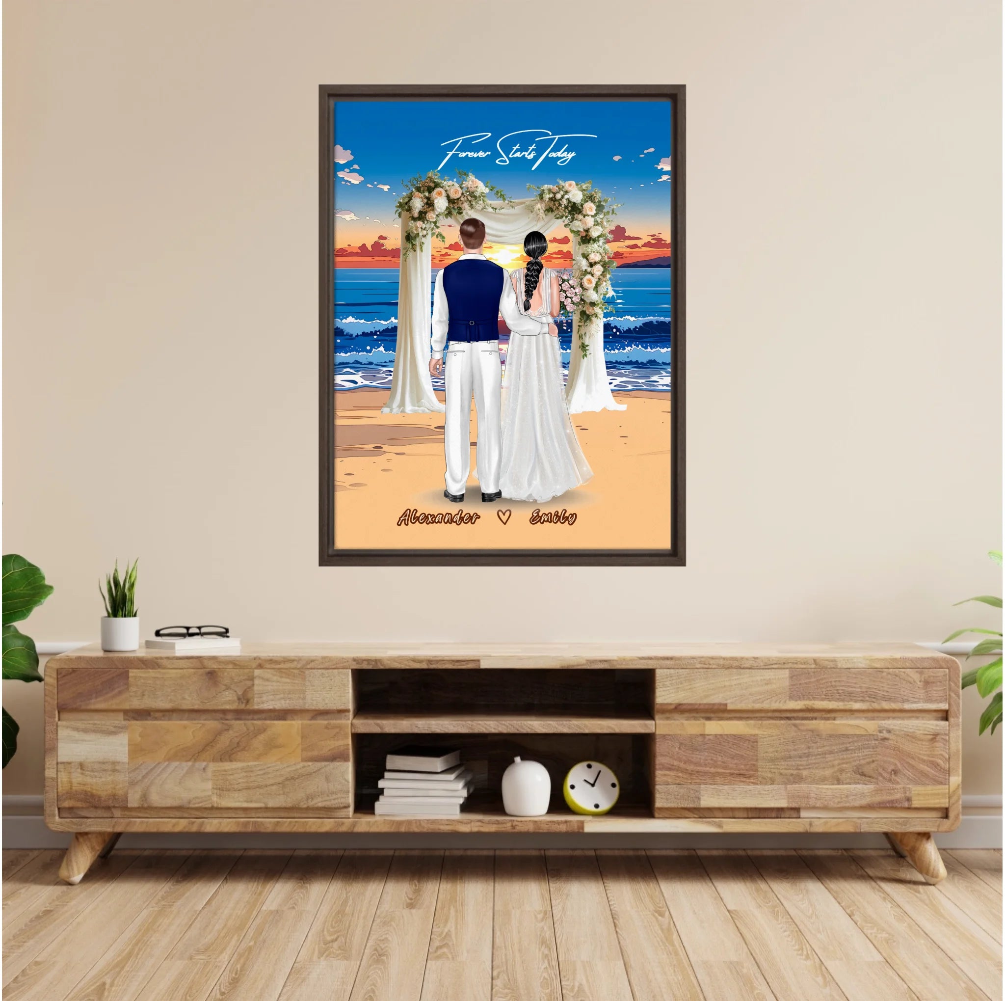 Forever Starts Today personalized wedding couple framed canvas of two people standing beneath a floral beach ceremony arch at sunset, with a custom quote above them and their names displayed at the bottom — LOVECOUPLET