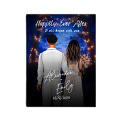 Happily Ever After personalized wedding couple canvas of two people standing together under glowing string lights at night, with a custom title, subtitle, handwritten names, wedding date, and personalized characters — LOVECOUPLET