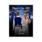 Happily Ever After personalized wedding framed couple canvas of two people standing together under glowing string lights at night, with a custom title, subtitle, handwritten names, wedding date, and personalized characters — LOVECOUPLET