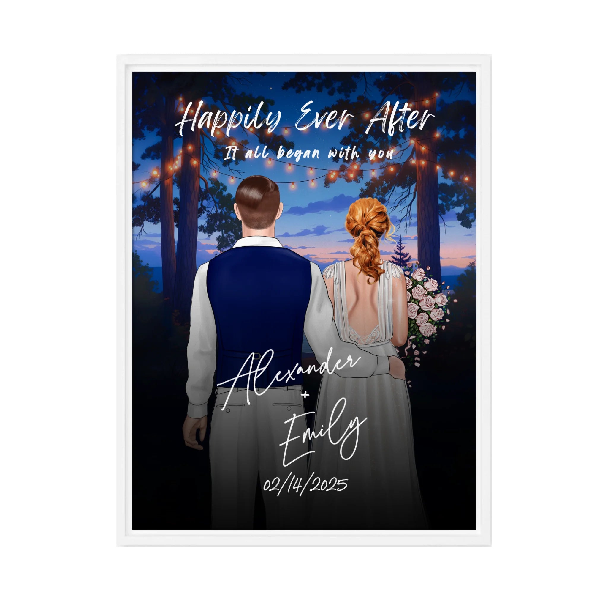 Happily Ever After personalized wedding framed couple canvas of two people standing together under glowing string lights at night, with a custom title, subtitle, handwritten names, wedding date, and personalized characters — LOVECOUPLET