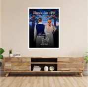 Happily Ever After personalized wedding framed couple canvas of two people standing together under glowing string lights at night, with a custom title, subtitle, handwritten names, wedding date, and personalized characters — LOVECOUPLET