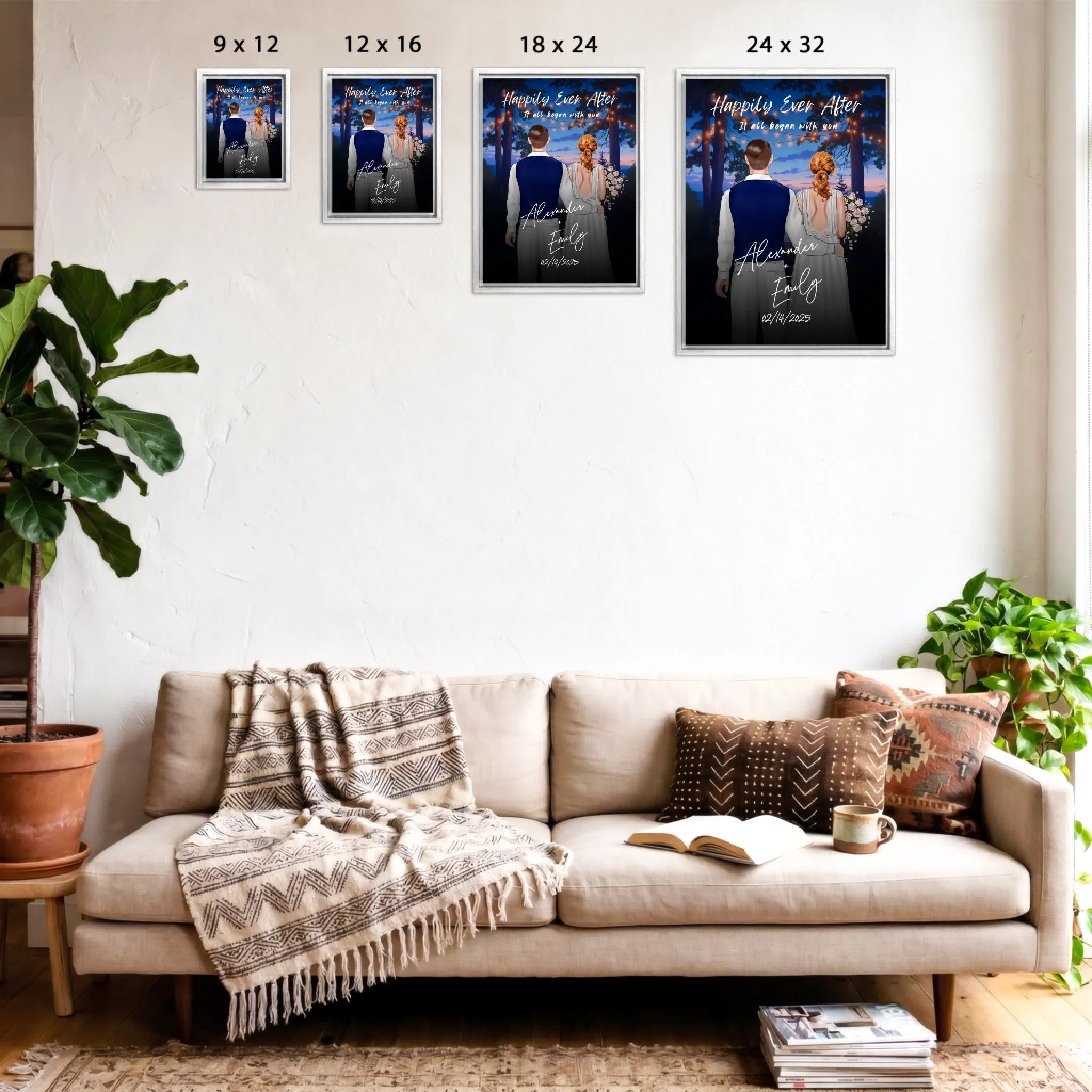 Happily Ever After personalized wedding framed couple canvas of two people standing together under glowing string lights at night, with a custom title, subtitle, handwritten names, wedding date, and personalized characters — LOVECOUPLET