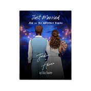 Happily Ever After personalized wedding couple canvas of two people standing together under glowing string lights at night, with a custom title, subtitle, handwritten names, wedding date, and personalized characters — LOVECOUPLET