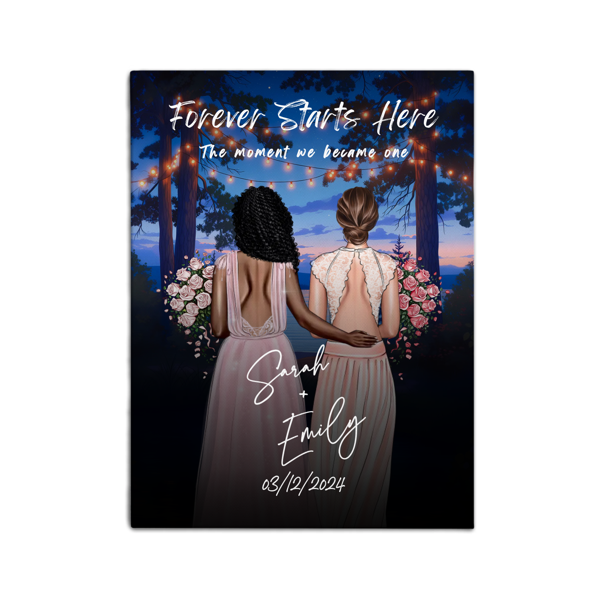 Happily Ever After personalized lesbian wedding couple canvas of two people standing together under glowing string lights at night, with a custom title, subtitle, handwritten names, wedding date, and personalized characters — LOVECOUPLET