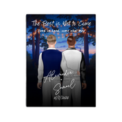 Happily Ever After personalized gay wedding couple canvas of two people standing together under glowing string lights at night, with a custom title, subtitle, handwritten names, wedding date, and personalized characters — LOVECOUPLET