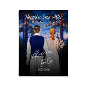 Happily Ever After personalized wedding couple canvas of two people standing together under glowing string lights at night, with a custom title, subtitle, handwritten names, wedding date, and personalized characters — LOVECOUPLET