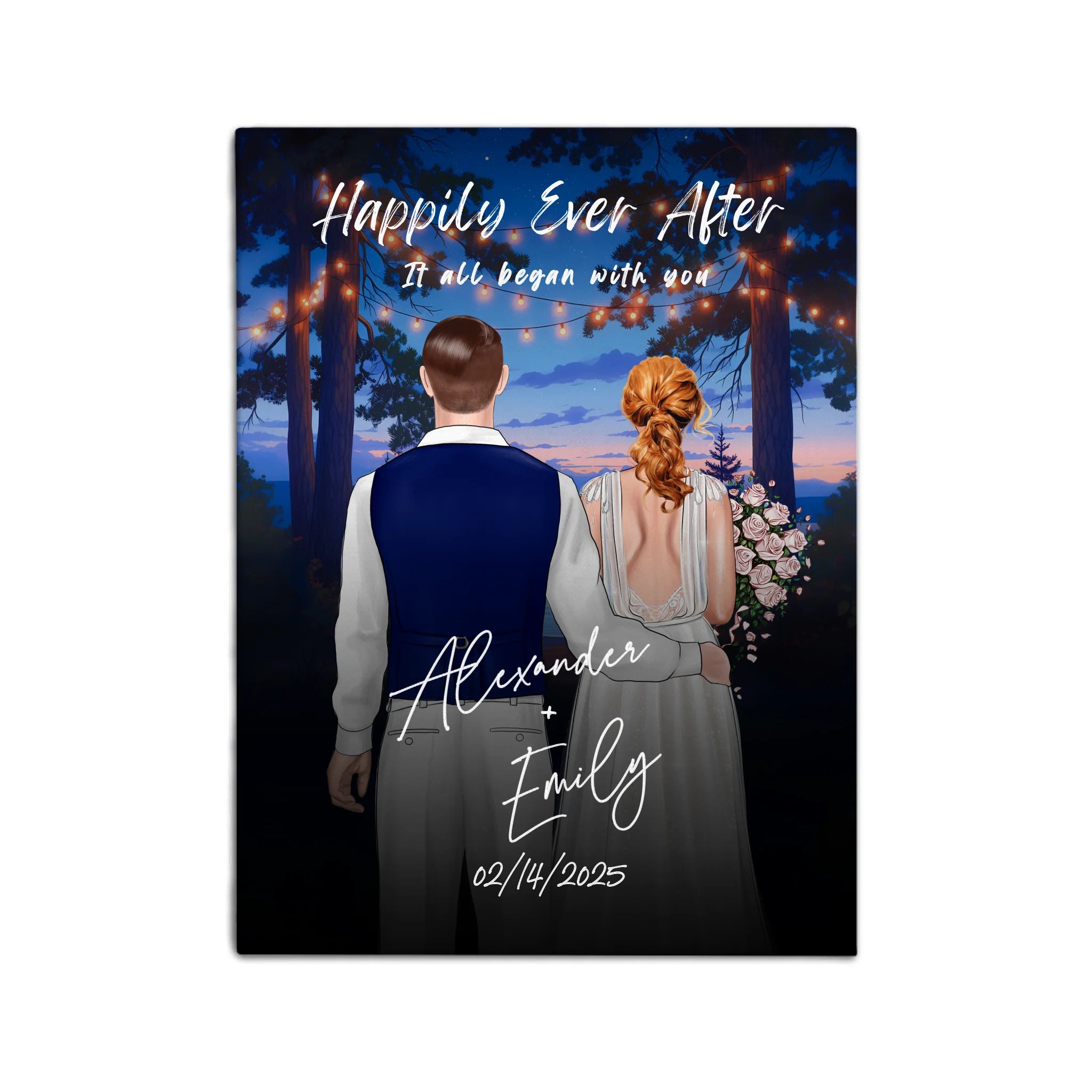 Happily Ever After personalized wedding couple canvas of two people standing together under glowing string lights at night, with a custom title, subtitle, handwritten names, wedding date, and personalized characters — LOVECOUPLET