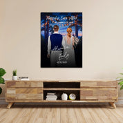 Happily Ever After personalized wedding couple canvas of two people standing together under glowing string lights at night, with a custom title, subtitle, handwritten names, wedding date, and personalized characters — LOVECOUPLET