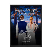 Happily Ever After personalized wedding framed couple canvas of two people standing together under glowing string lights at night, with a custom title, subtitle, handwritten names, wedding date, and personalized characters — LOVECOUPLET