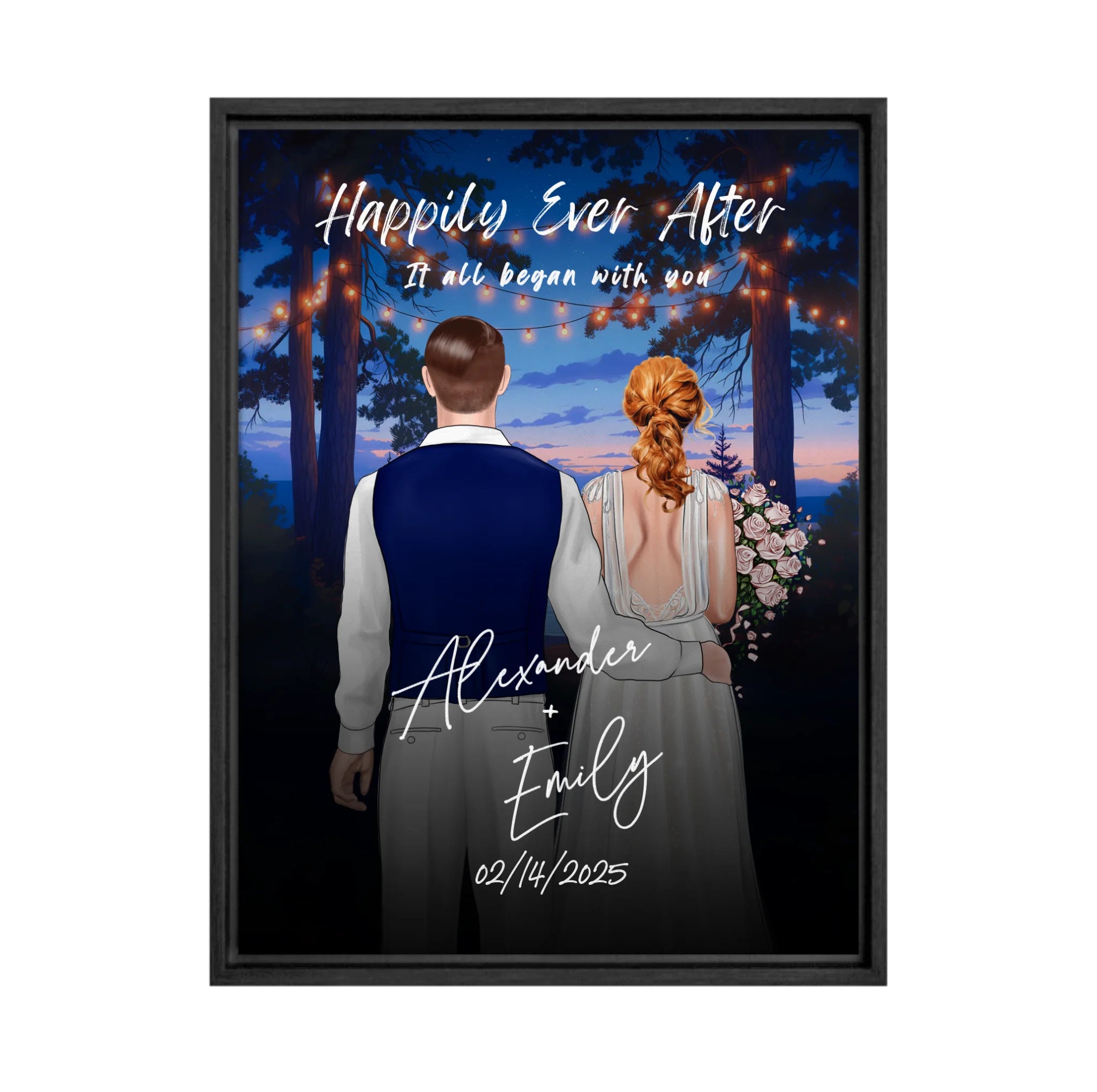 Happily Ever After personalized wedding framed couple canvas of two people standing together under glowing string lights at night, with a custom title, subtitle, handwritten names, wedding date, and personalized characters — LOVECOUPLET