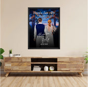 Happily Ever After personalized wedding framed couple canvas of two people standing together under glowing string lights at night, with a custom title, subtitle, handwritten names, wedding date, and personalized characters — LOVECOUPLET