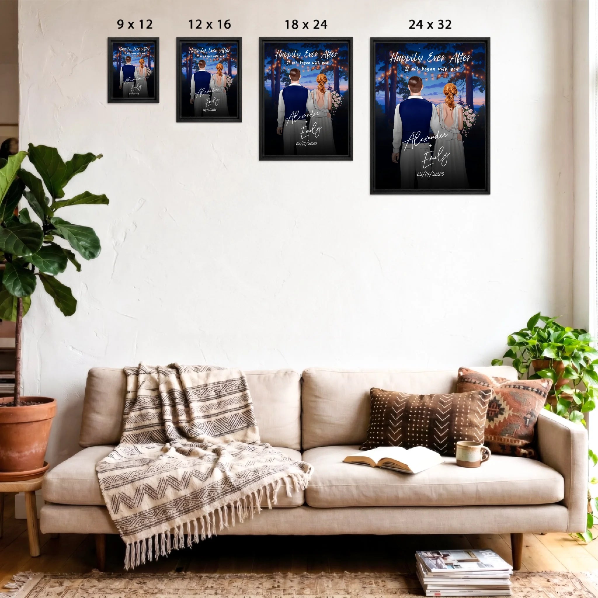 Happily Ever After personalized wedding framed couple canvas of two people standing together under glowing string lights at night, with a custom title, subtitle, handwritten names, wedding date, and personalized characters — LOVECOUPLET