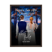 Happily Ever After personalized wedding framed couple canvas of two people standing together under glowing string lights at night, with a custom title, subtitle, handwritten names, wedding date, and personalized characters — LOVECOUPLET