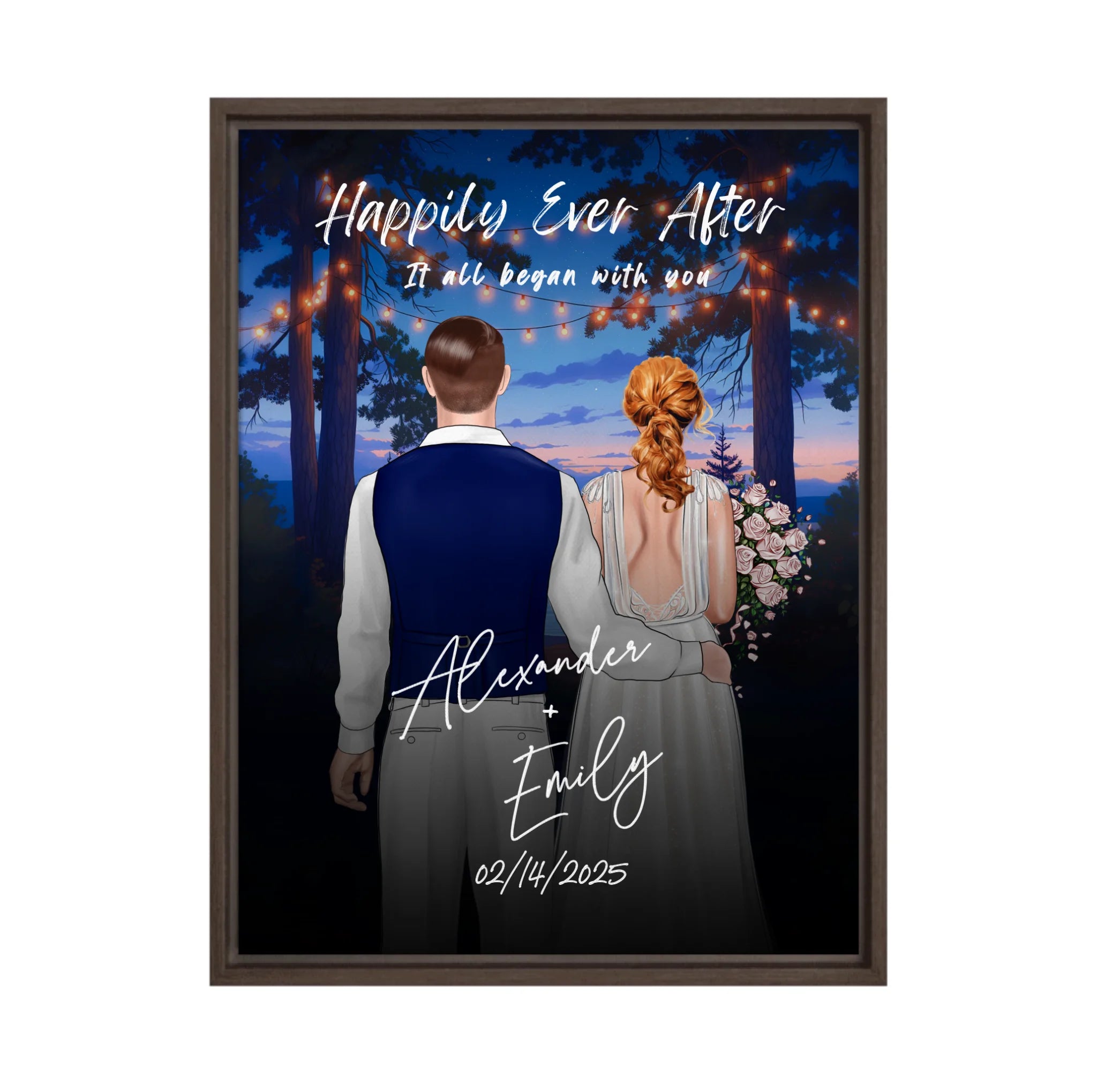 Happily Ever After personalized wedding framed couple canvas of two people standing together under glowing string lights at night, with a custom title, subtitle, handwritten names, wedding date, and personalized characters — LOVECOUPLET
