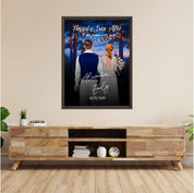 Happily Ever After personalized wedding framed couple canvas of two people standing together under glowing string lights at night, with a custom title, subtitle, handwritten names, wedding date, and personalized characters — LOVECOUPLET