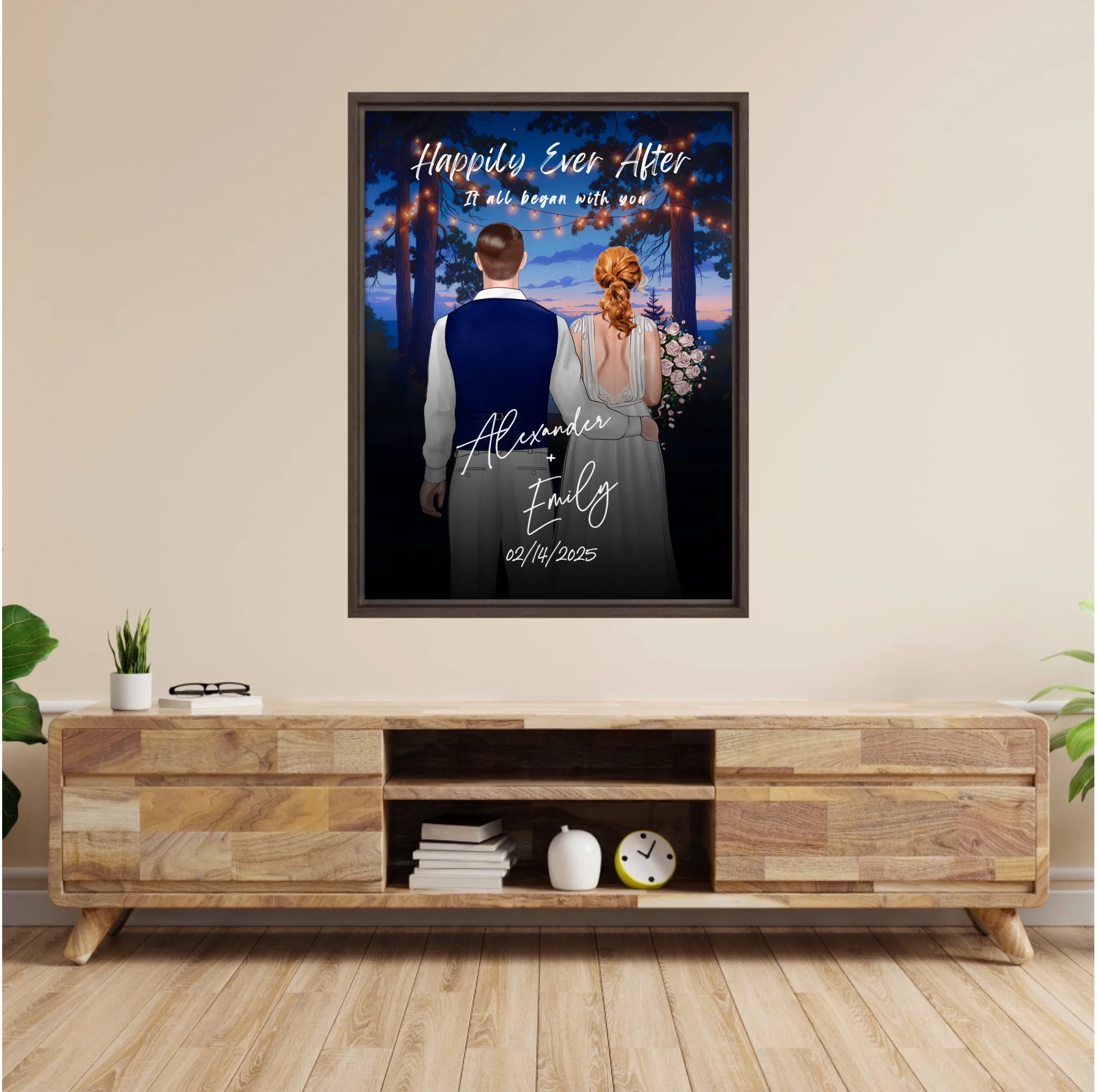 Happily Ever After personalized wedding framed couple canvas of two people standing together under glowing string lights at night, with a custom title, subtitle, handwritten names, wedding date, and personalized characters — LOVECOUPLET