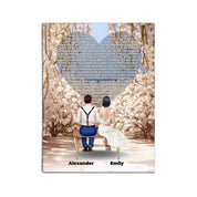 Personalized wedding couple canvas of a bride and groom sitting on a bench beneath a blooming floral garden arch, with custom lyrics shaped into a heart above them and their names at the base of the scene — LOVECOUPLET