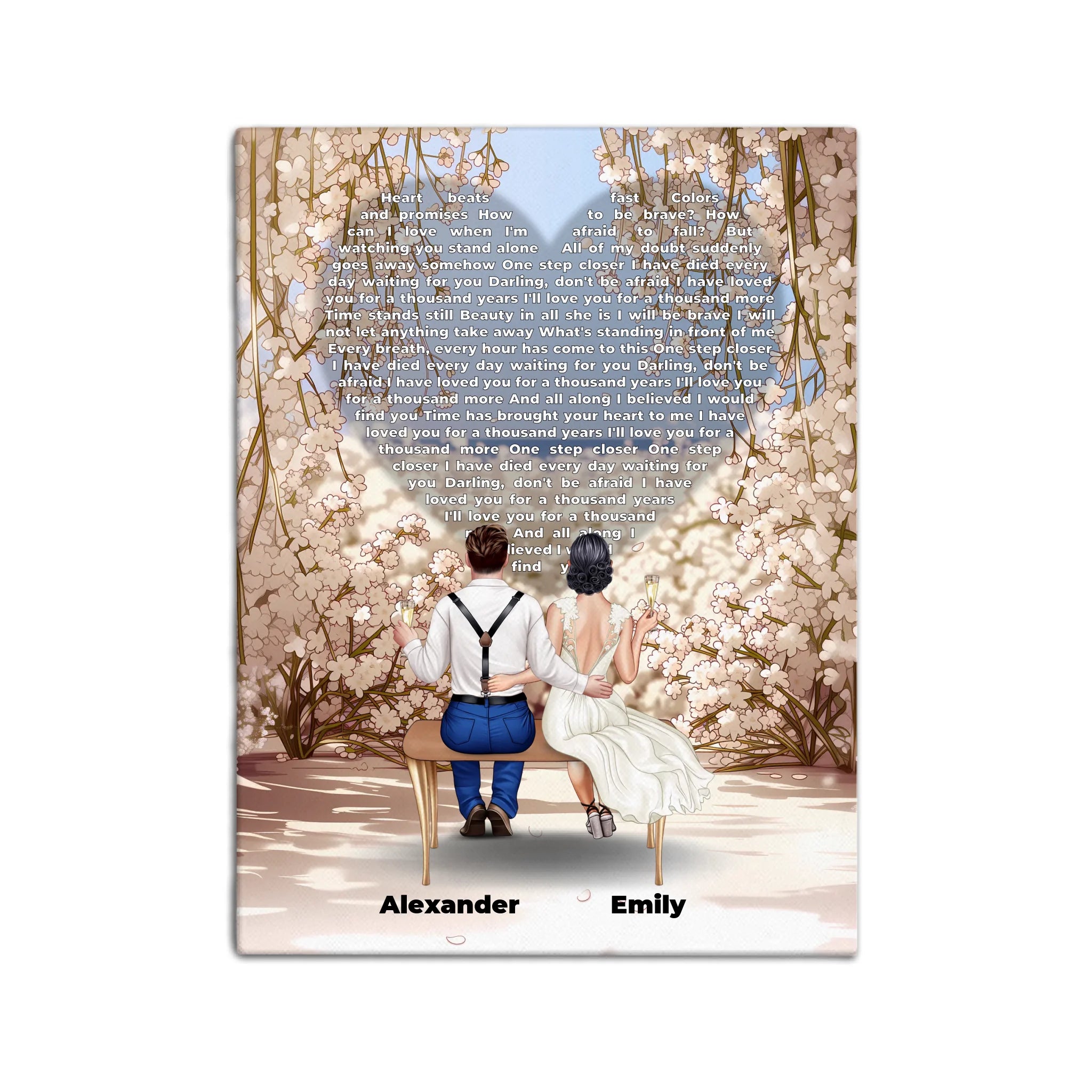 Personalized wedding couple canvas of a bride and groom sitting on a bench beneath a blooming floral garden arch, with custom lyrics shaped into a heart above them and their names at the base of the scene — LOVECOUPLET