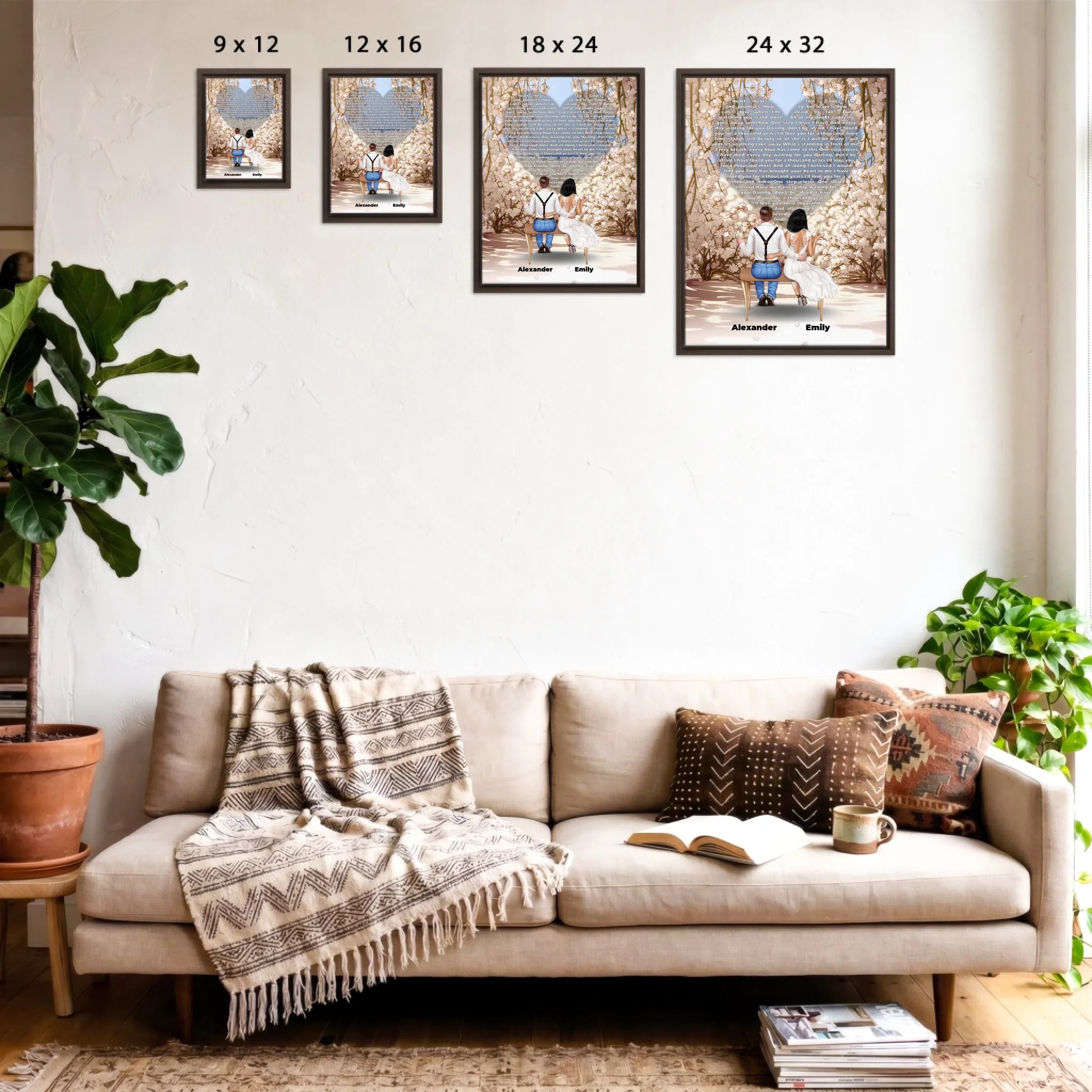Personalized wedding couple framed canvas of a bride and groom sitting on a bench beneath a blooming floral garden arch, with custom lyrics shaped into a heart above them and their names at the base of the scene — LOVECOUPLET