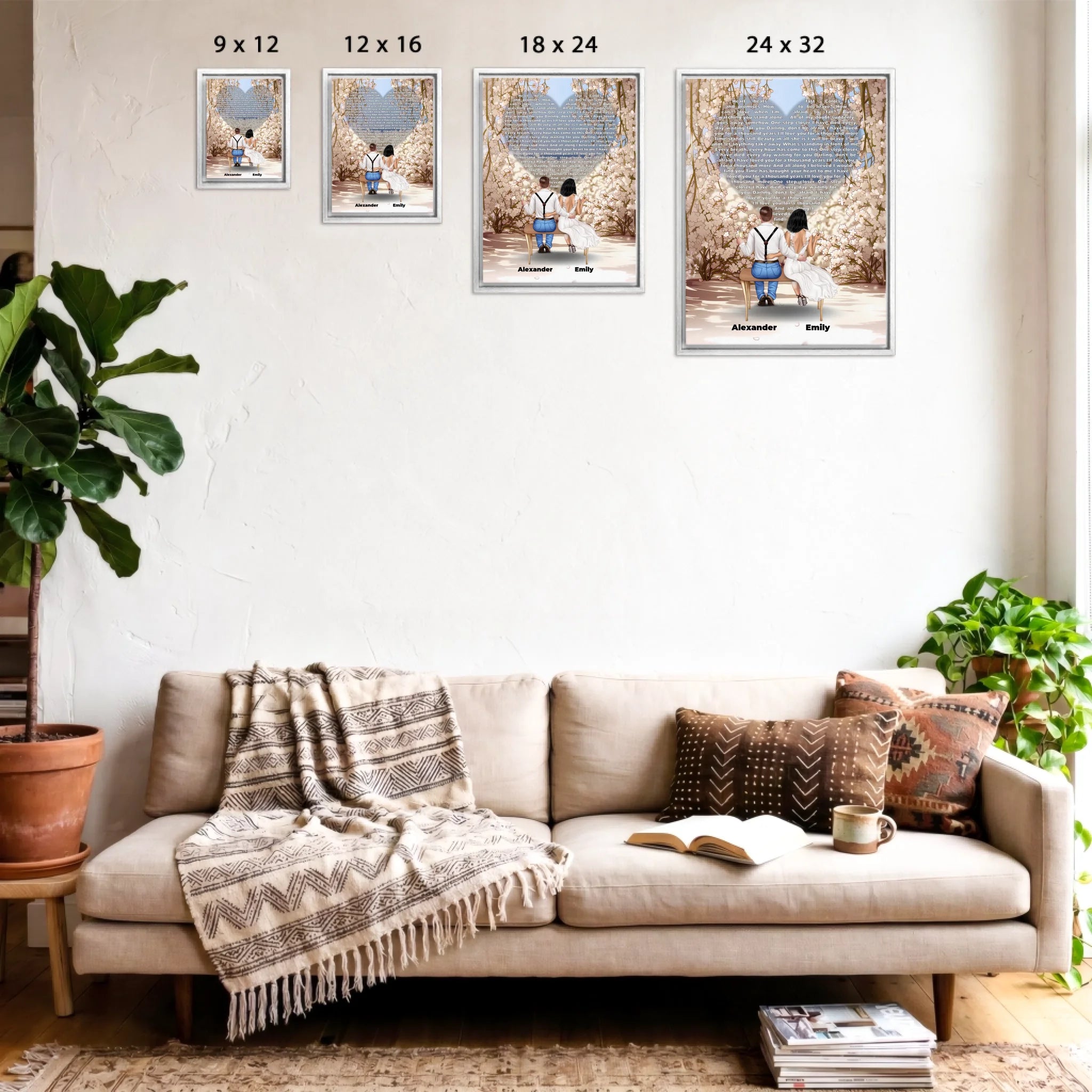 Personalized wedding couple framed canvas of a bride and groom sitting on a bench beneath a blooming floral garden arch, with custom lyrics shaped into a heart above them and their names at the base of the scene — LOVECOUPLET